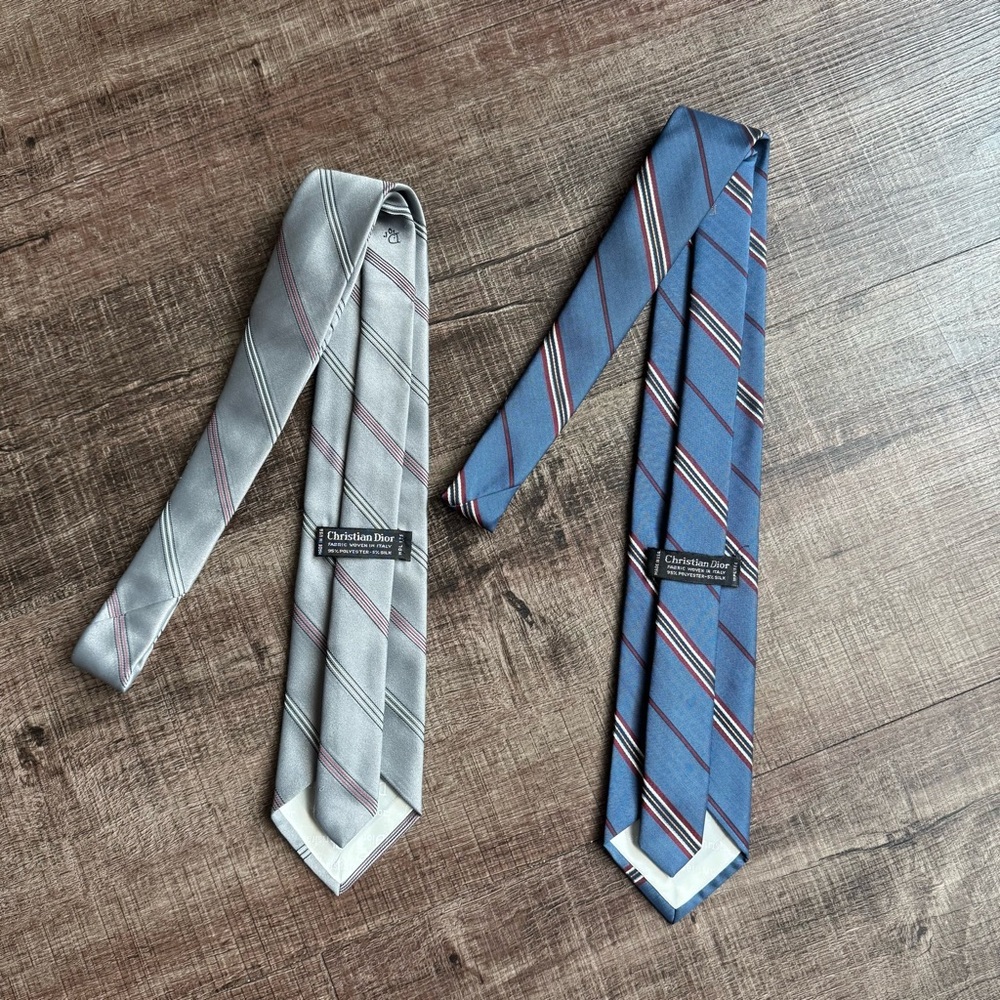 Dior Gray and Blue Silk Ties Classic Stripes - Picture 2 of 4